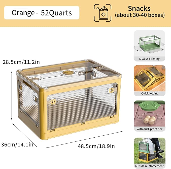 3-Pack Stackable Storage Bins, 50-Liter Collapsible Organizers with 3 Lids, Wheels, Foldable Collapsible Box for Outdoor Camping, Orange