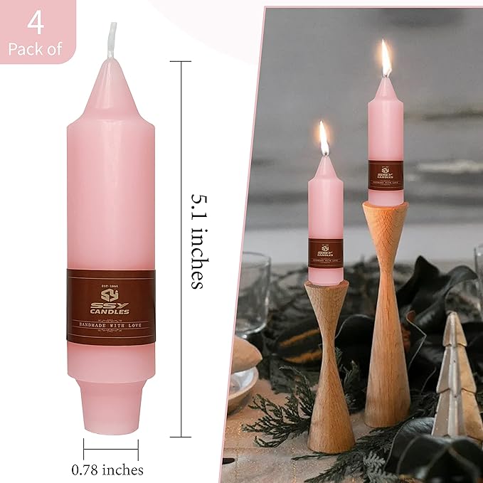 Handmade Taper Candles - 4 Pack Pink Small Candles, 5 Inch, for Dinner, Wedding, Home Decor