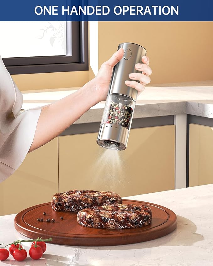 CIRCLE JOY Stainless Steel Electric Pepper Grinder, Rechargeable Pepper Mills with LED Light, 6-Level External Adjustable Coarseness for Easy Use, Silver, 1 Pcs