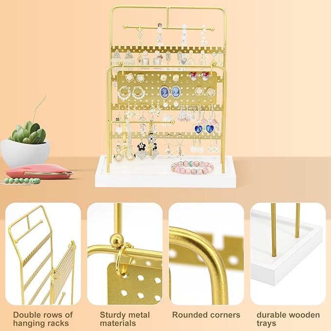Jewelry Organizer Stand Metal Jewelry Display Rack with Wooden Tray Necklace Stand Partitioned Storage for Rings, Earrings and Bracelets Jewelry Rack(Gold)