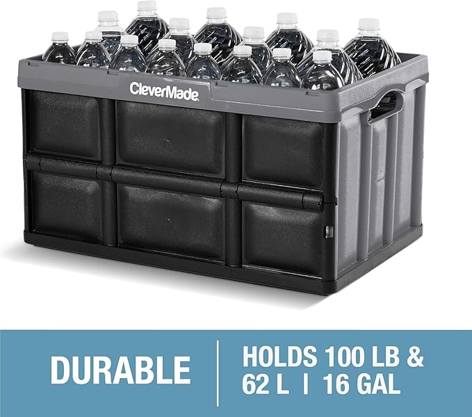 CleverMade Collapsible Storage Bins 62L (3-Pack) – Heavy Duty Collapsible Plastic Storage Bins, Large Stackable Folding Storage Bins for Garage, Car, Grocery & Home Organization - Ocean