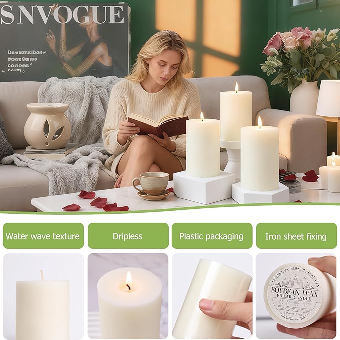 6 Pack Soy White Pillar Candles,Natural Soybean Pillar Candles,330 H Long Burning,2.8x4in Non-Toxic,Unscented,Dripless and Smokeless Rustic Hand-Poured Candles Dinner Table,for Wedding,Home