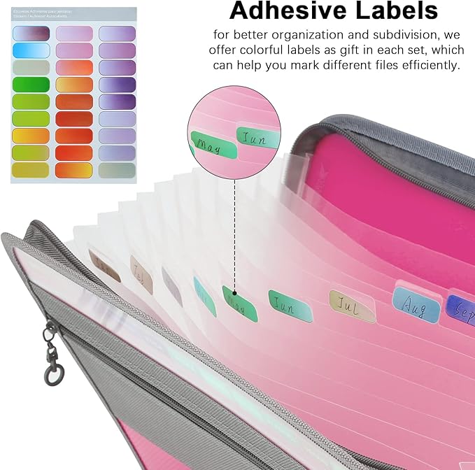 NAFY Expanding File Folder, 13 Pockets Document Organizer with Zipper, A4 Letter Size Portable Accordion Expanding File Folders with 27pcs Multicolor Labels for Home Office School Supplies (Pink)
