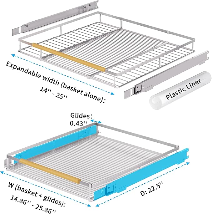 Expandable Pull Out Drawer Cabinet Organizer, Adjustable Width Bottom-Mounted Slide Out Storage Shelves for Cabinets, Required Cabinet Size (14.86"~25.86", D≥22.5"), 2 Pack