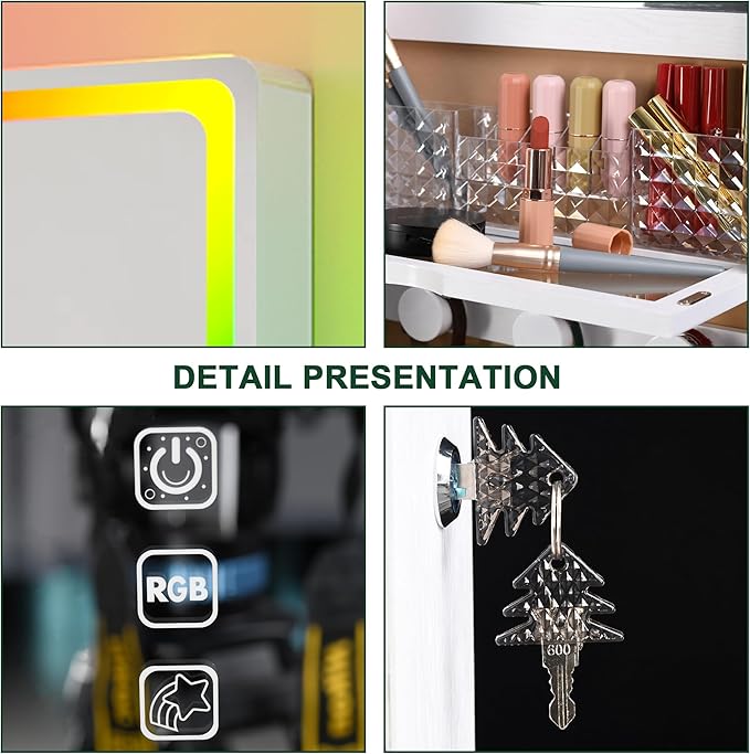Lvifur LED Mirror Jewelry Cabinet - with RGB lights,Lockable Wall/Door Mounted Full Length Mirror with Storage,Hanging Jewelry Organizer-2 Drawers,Foldable Shelf,Built-in Lighted Mirror(White)
