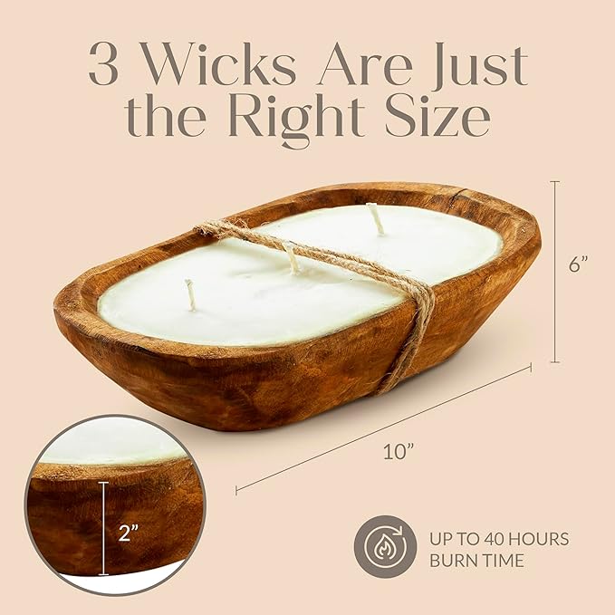 Dough Bowl Candle Co. Pumpkin Spice Soy Candle - 3 Wick Rustic Farmhouse Coffee Table Decor, Odor Eliminator in Wooden Bowls, 20 Ounce Wooden Dough Bowl Candle, All-Natural Gifts for Women and Men