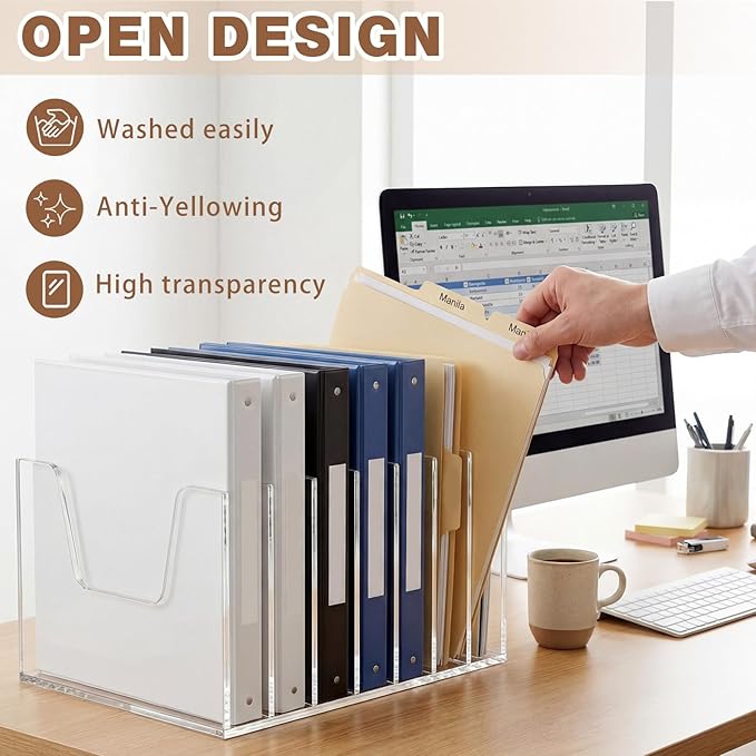 Wenqik Clear Acrylic Desktop File Organizer Vertical File Sorter 4mm Thick, Large Capacity Upright Magazine Organizer, Book Paper, Notebooks, Envelopes, Mail Holder(7 Section)