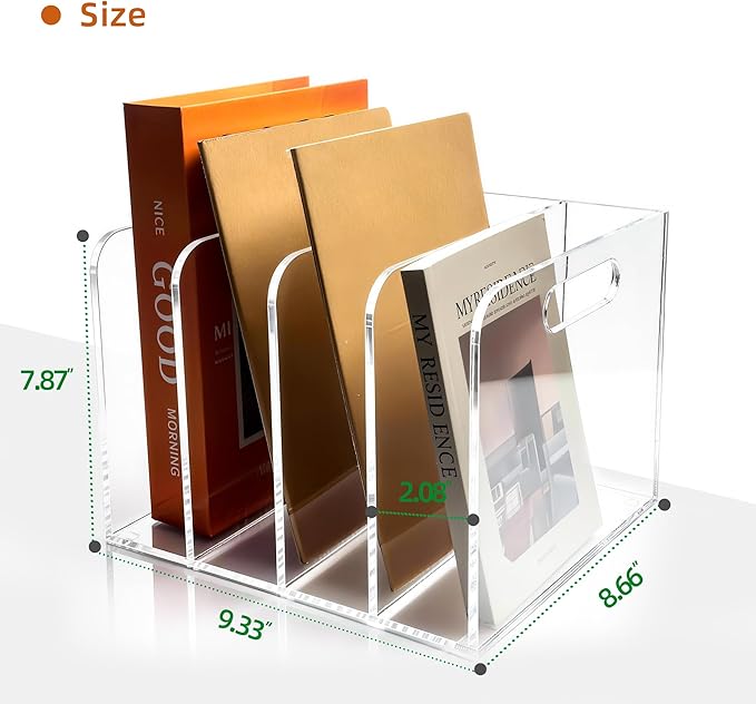 Acrylic Magazine File Holder, 4 Vertical Compartments Desk Document Sorter Organizer, Clear Folder Rack Binder for Office/Documents/Classroom, for Home, Tablet, Magazines, Books & Accessories