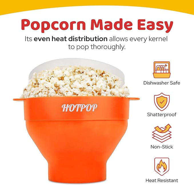 The Original Hotpop Microwave Popcorn Popper, Silicone Popcorn Maker, Collapsible Bowl BPA-Free and Dishwasher Safe- 20 Colors Available (Orange)