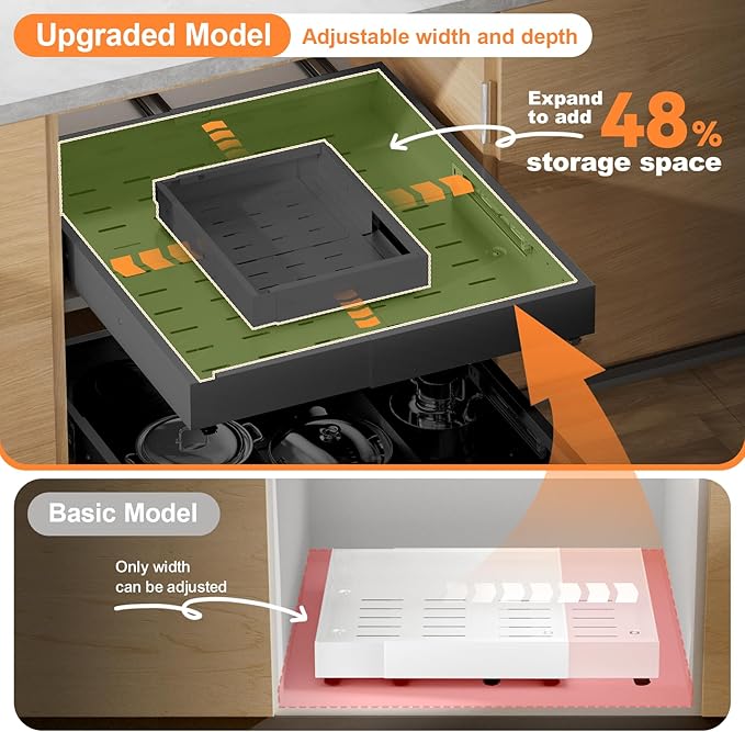 Pull out Cabinet Organizer Expandable W(12"-20") and D(16"-22"), No Drill Adjustable Slide Out Drawers With 3 Slide Rails, 2Pcs Magnetic Panel, Adhesive Roll out Shelves for Kitchen, Cabinets, Pantry