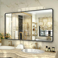 OKPAL Black Bathroom Mirror for Wall, 55X30 Inch Bathroom Vanity Mirror for Over 2 Sink, Metal Frame Rectangle Mirror, Rounded Corner, Anti-Rust, Shatterproof