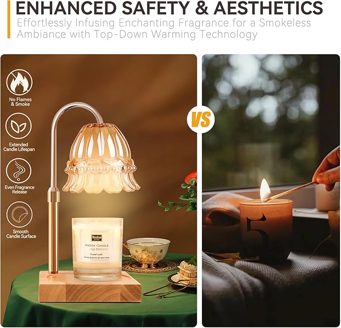 TOACSUCP Candle Warmer Lamp with 3 Bulbs, Adjustable Height Dimmable Candle Warmer with Timer, Compatible with Large Jar Candles, Flower Candle Warmer with Charming Gift Box Ribbon(Light Yellow)