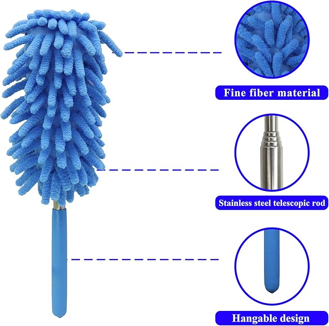 zdyCGTime Microfiber Duster, Microfiber Hand Duster Washable Microfibre Cleaning Tool Extendable Dusters for Cleaning Office, Car, Computer, Air Condition, Washable Duster(2Pack/Blue)