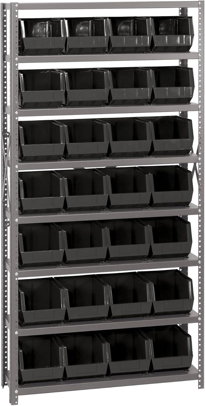 Quantum Storage Systems QSBU-239BK Giant Open Hopper Steel Shelving System, 12" D x 36" W x 75" H, with 8 Shelves and 28 QUS239 Bins, Black