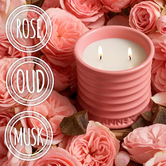 Annex Rose & Oud Luxury Scented Candle - 8oz Handmade Pink Ceramic Jar Candle - 50hr Clean Burn, 100% Non-Toxic Soy Wax, Aesthetic Home Decor Winter Gift for Men & Women - Luxury Floral Notes