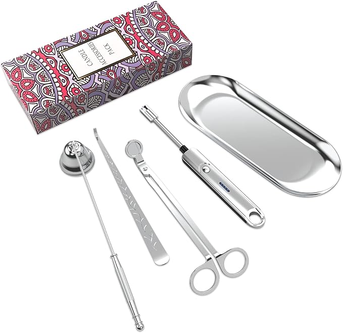 Lsnisni 5Pcs Candle Accessory Set with Rechargeable Electric Lighter, Storage Tray, Wick Trimmer, Snuffer, Dipper - Stainless Steel Care Kit with Gift Package for Candle Lovers - Silver