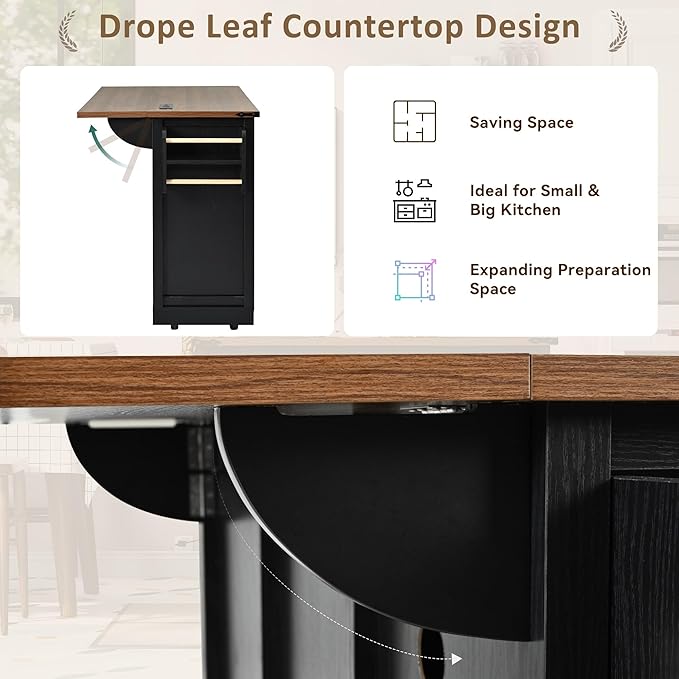 Amposei Farmhouse Kitchen Island on Wheels with Drop Leaf & Power Outlet, 53.7-Inch Rolling Storage Island Cart Breakfast Bar with Drawers, Sliding Barn Door Cabinets, Spice Rack (Black)