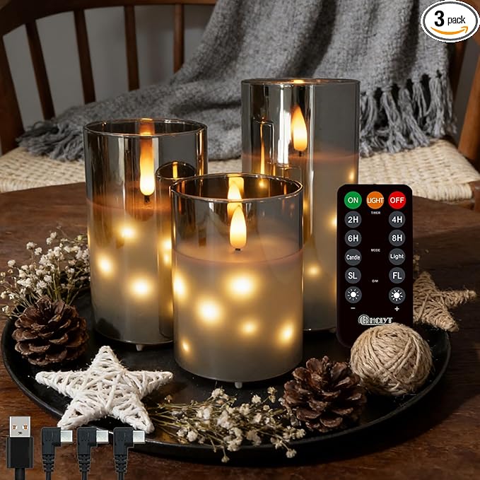 Rechargeable Glass LED Flameless Candles, Embedded Star String Flickering Flameless Candles for Romantic Ambiance and Home Decoration with Remote & Timer(Gray)