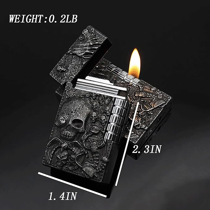 Carving Skull Antique Lighter, Vintage Cool Metal Lighters Refillable, Novelty Lighters for Men for Candles Ideas (No Butane Fuel). (Red Copper)