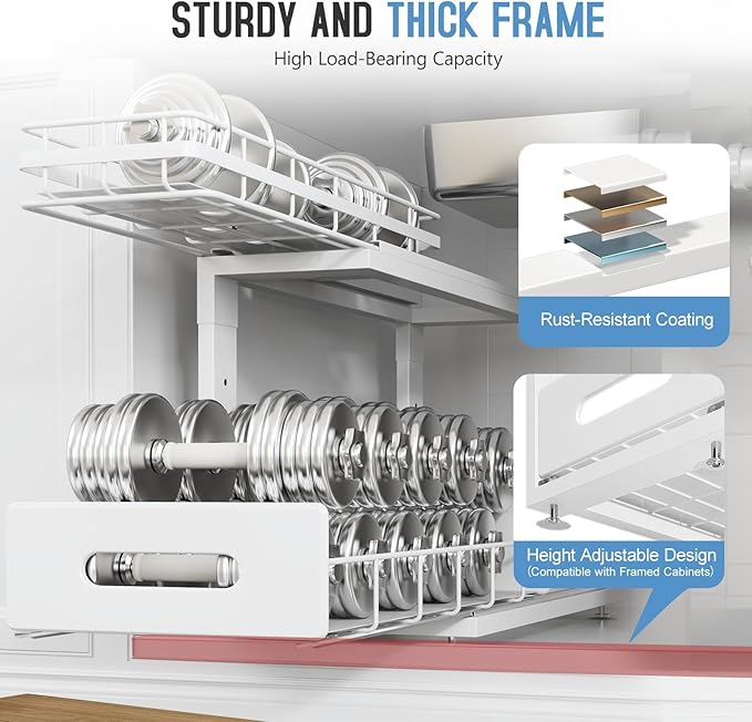 Under Sink Organizer Upgrade To Professional Rails,2-Tier Dual Pull Out Cabinet Storage,Height Adjustable Slide Out Drawers For Bathroom Kitchen,1 Pack-18.5"Dx12.8"-16.9"H,White