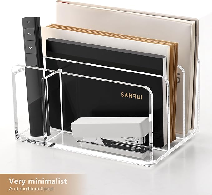 SANRUI Acrylic Mail Organizer, 3 Compartments Clear File Holder for Desk, Letter Sorter with Pen Holder, Countertop Document Sorter for Notebooks, Bills & Eyeshadow Palettes