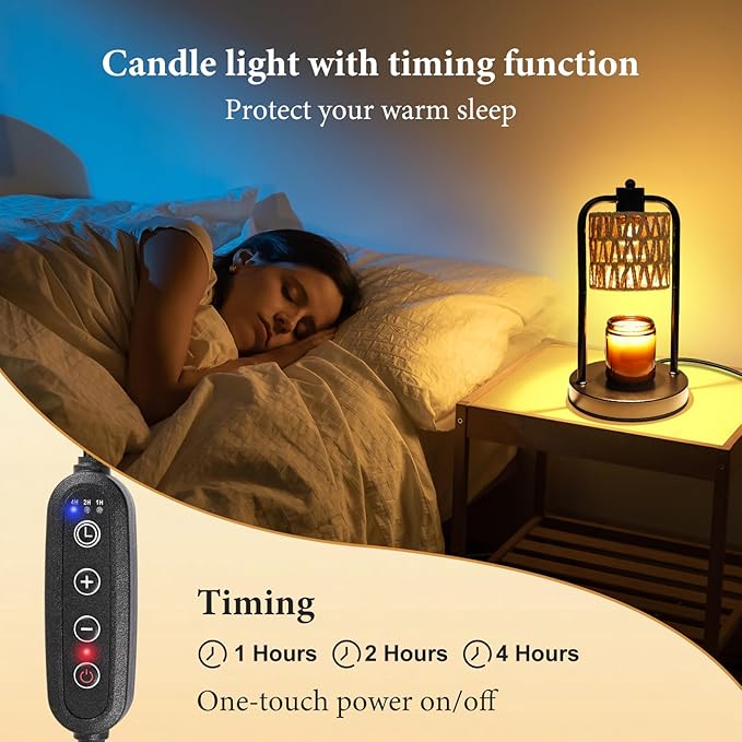 Candle Warmer Lamp with Timer Light: Electric Wax Melt Warming Dimmable for Yankee Candles Large - Birthday Christmas Gift for Women Mom, Room, New Home Decor, Vintage House (Black + Brown Hemp Rope)