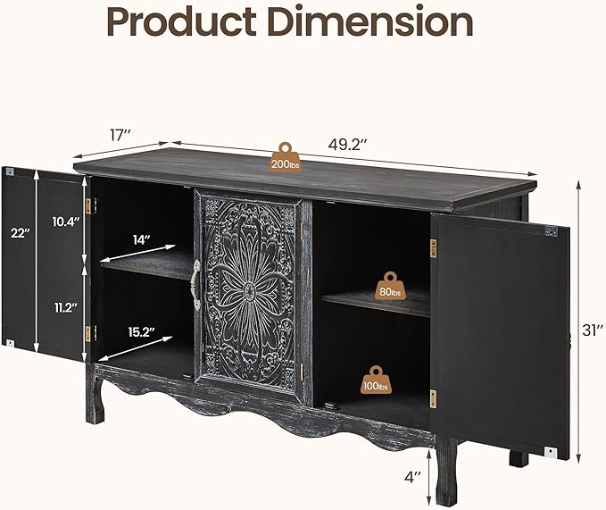 RoyalCraft Buffet Cabinet with Storage, Vintage Solid Wood Sideboard with 3 Carved Doors, Painted Coffee Bar Console Table for Dining Room, Living Room, Kitchen, Distressed Black
