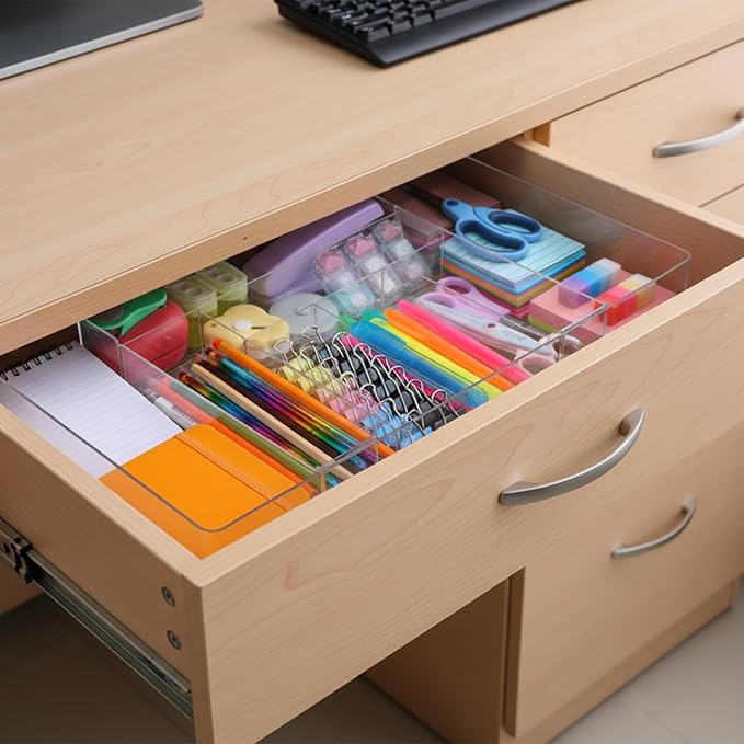 2 Pcs Clear Expandable Drawer Organizer, Adjustable Drawer Dividers Tray with Compartments for Office, Kitchen, Desk Supplies