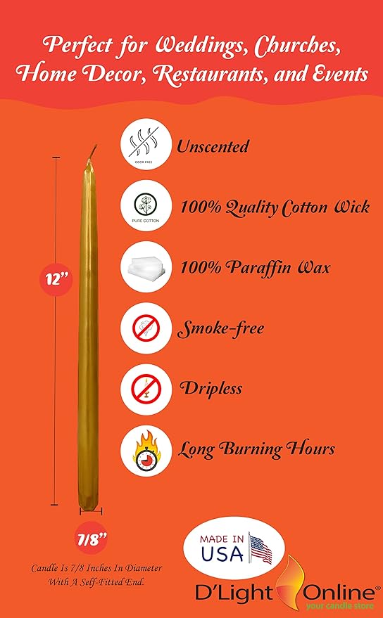 D'light Online Elegant 12" Unscented Metallic Gold Taper Candles, Premium Quality Hand-Dipped Tapered Candles, Dripless and Smokeless - Set of 12 (12 Inch, Metallic Gold)