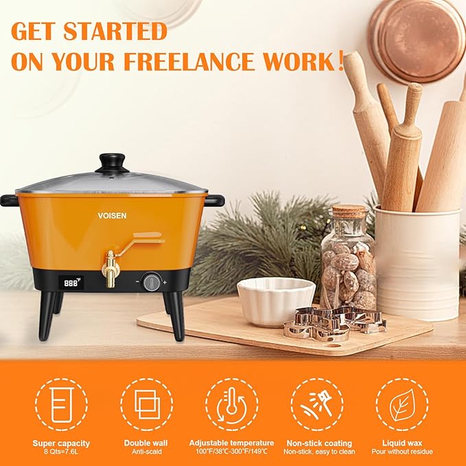 VOISEN Wax Melter for Candle Making, 8Qts Candle Wax Melting Pot with Spout for Soy Wax Soap Base, Electric Wax Melter for Candle Making with Temp Control, Easy Pour,Non-Stick(Orange)