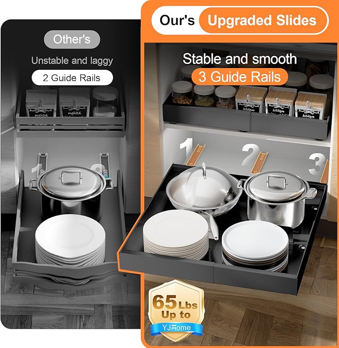 1 Pack Pull out Cabinet Organizer Expandable Width(12"-20") and 21"Depth, No Drill Adjustable Slide Out Drawers for Kitchen, Cabinets With 3 Slide Rails,Magnetic Panel, Adhesive Roll out Shelves