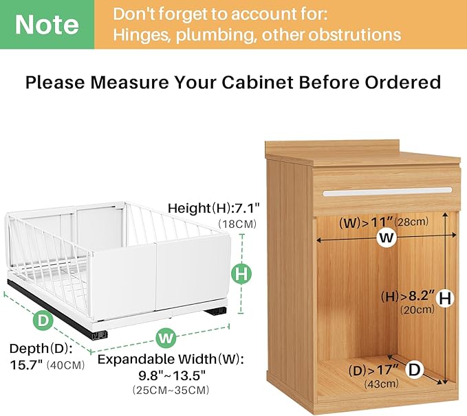Pull out Cabinet Organizer, 1-Pack Expandable Width(9.8"-13.8") Heavy Duty Slide out Drawers with Raising Pad for Framed Cabinets, Adhesive Roll Out Shelves for Pantry, Kitchen,Bathroom Storage(White)