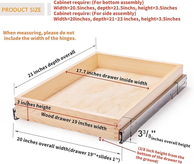 20”W x 21”D x 3”H Soft Close Slide Out Wood Drawer Organizer for Kitchen, (Cabinet Width>20.5 inches for Bottom Assembly, Width= 20 inches for Side Assembly)