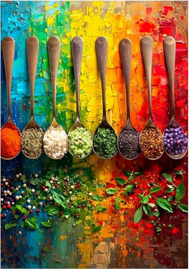 Rainbow Spices on Spoons Paint by Numbers for Adults, Kitchen Food Art DIY Painting Kit, Colorful Wall Decor 24 Colors 16x20 inch Framed