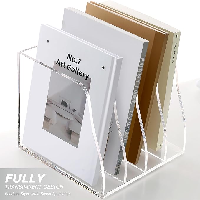 SANRUI Acrylic Desk Magazine File Organizer, 4 Vertical Compartments Clear Document Sorter Organizer Holder Workspace Sorters, Folder Rack for Office Accessories Organization Storage, B5 Size