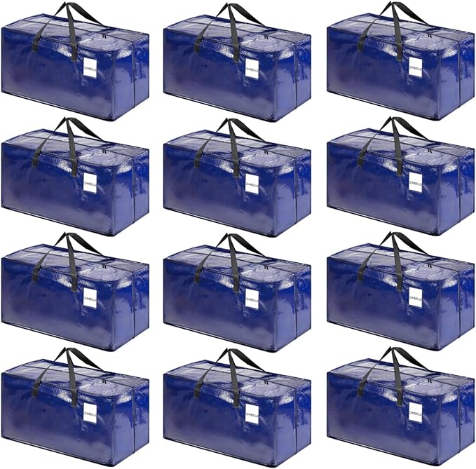 CHVEGLUZ 12 Packs Moving Bags Heavy Duty Extra Large,Storage Bags with Zipper&Handles, Sturdy&Durable Clothes Storage Bags Totes for College Dorm Essentials, Moving Boxes for College Supplies, Blue