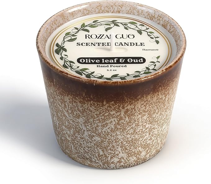 Luxury Textured Ceramic Jar Scented Candle | Non Toxic 100% Natural Coconut & Soy Wax Blend Cotton Wick | 5.2oz | Hand Poured Highly Scented Long - Lasting | Women & Men | (Olive Leaf & Oud)