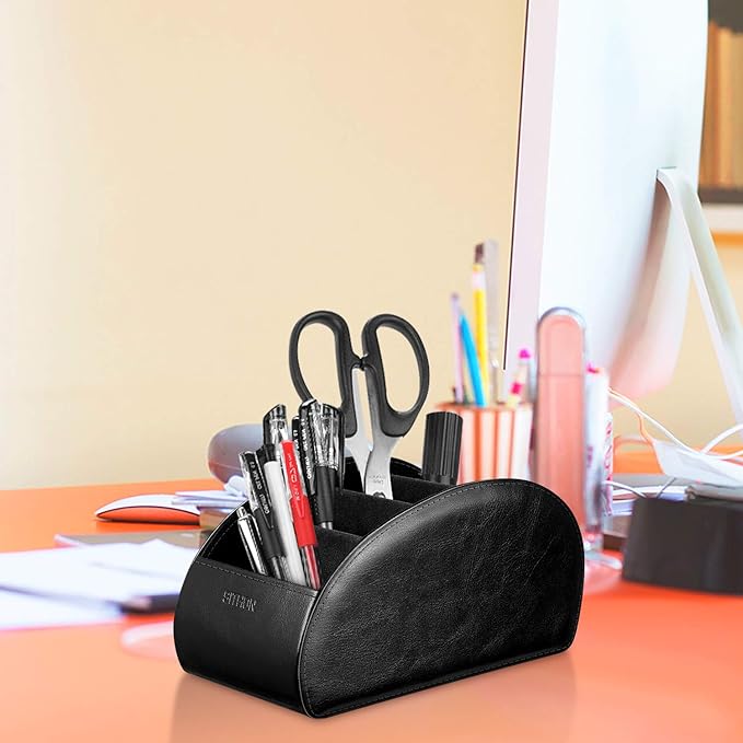 SITHON Remote Control Holder with 5 Compartments – [Upgrade Version] PU Leather Remote Caddy Desktop Organizer Store TV, DVD, Blu-Ray, Media Player, Smart Phones, Heater Controllers (Black)