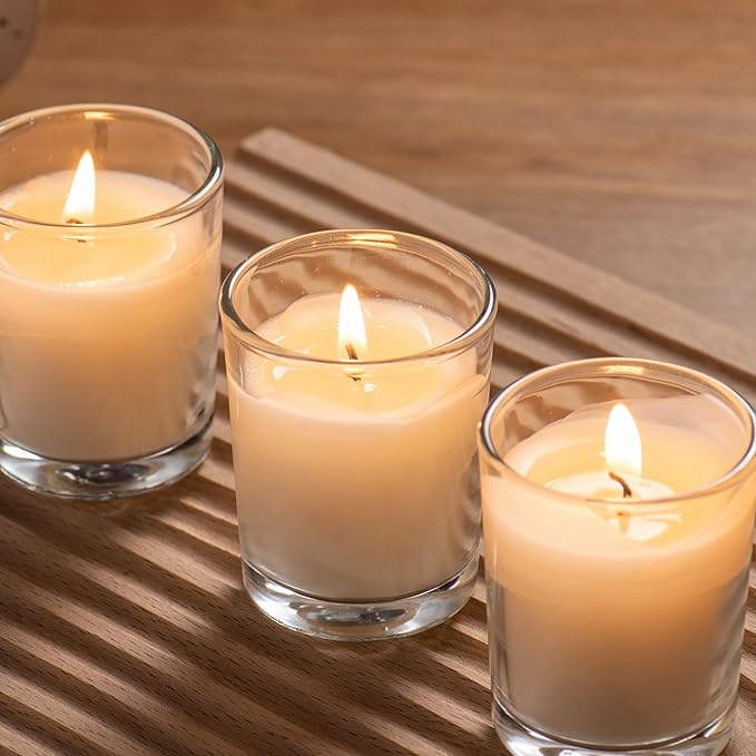 Housecret 72 Pack Warm White Unscented Clear Glass Filled Votive Candles. Hand Poured Wax Candle Ideal Gifts for Aromatherapy Spa Weddings Birthdays Holidays Party