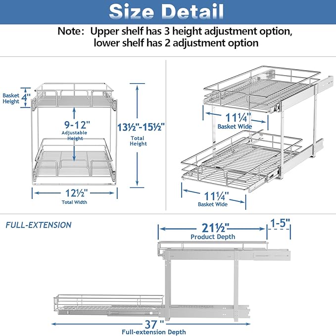 LOVMOR Individual Pull Out Cabinet Organizer, 2 Tier Slide Out Cabinet Drawers, Pots and Pans Organizer and Storage Pantry Shelf for Kitchen (12½" W x 21½" D)