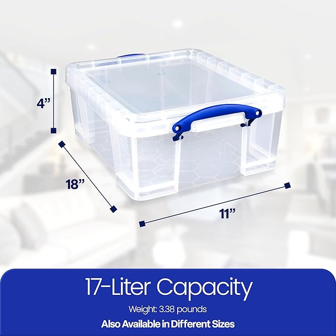 Really Useful Box 4 Pack 17L Plastic Storage Bins with Snap Lids and Clip Lock, Clear