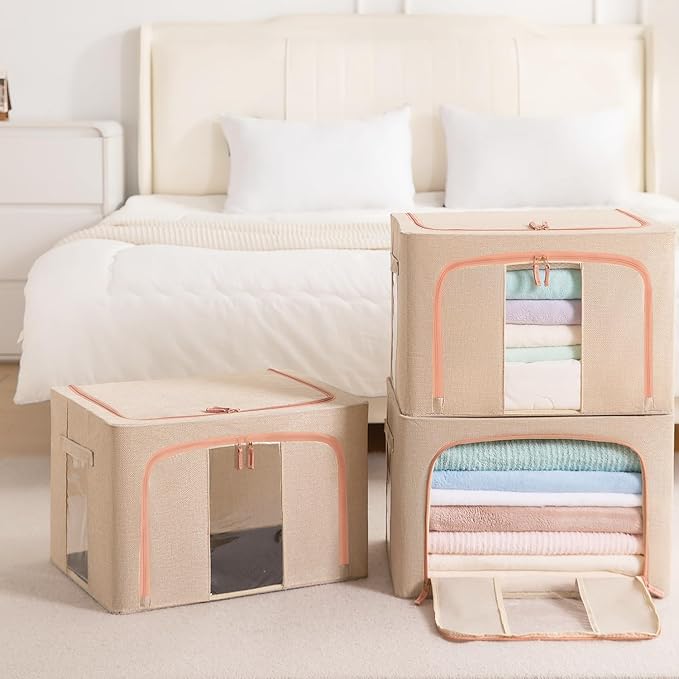GuliPostan 3 Pack 100L Stackable Clothes Storage Bins with Metal Frame Handles & Zipper, Collapsible Closet Organizer Box with Lid for Bedding Blankets Towel (Beige)