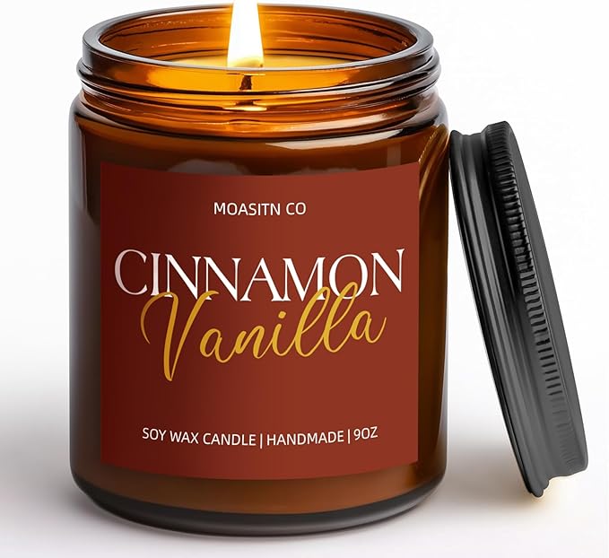 Cinnamon Vanilla Candle for Home Scented| Organic Soy Non Toxic Candles| Long Clean Burning Aromatheraphy Jar Candel for Women Men for Autumn,Winter, Halloween,Thanksgiving,Relaxing| 9oz
