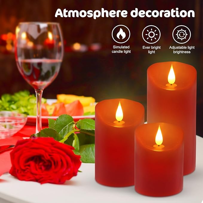 ALED LIGHT Red Real Wax Rechargeable Candles Flickering Realistic,Flameless Candles Rechargeable with Remote for Home Decor Idea Gift，Pack 3(D 3”X H 4”5”6”)