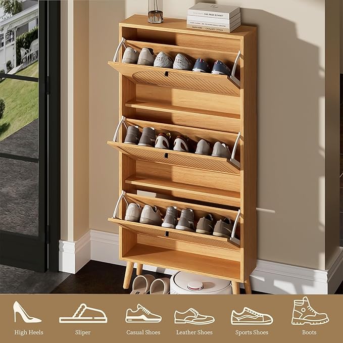 Fsbecl Shoe Storage Cabinet for Entryway with 3 Flip Drawers, Narrow Shoe Organizer with Fluted Panel, Freestanding Wood Hidden Shoe Cabinet for Hallway (Wood Color, 23.6''W, Single Layer)