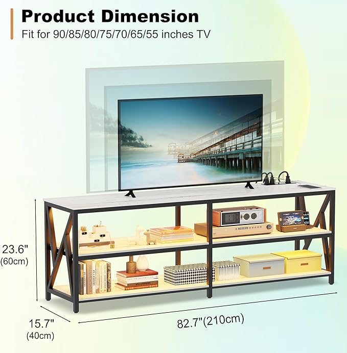 Lvifur 83“ LED TV Stand for 85 75 65 inch TV, Auto Sensor Entertainment Center with RGB Dimmable Lights, TV Console Table with Open Storage Shelves and Metal Frame (White)