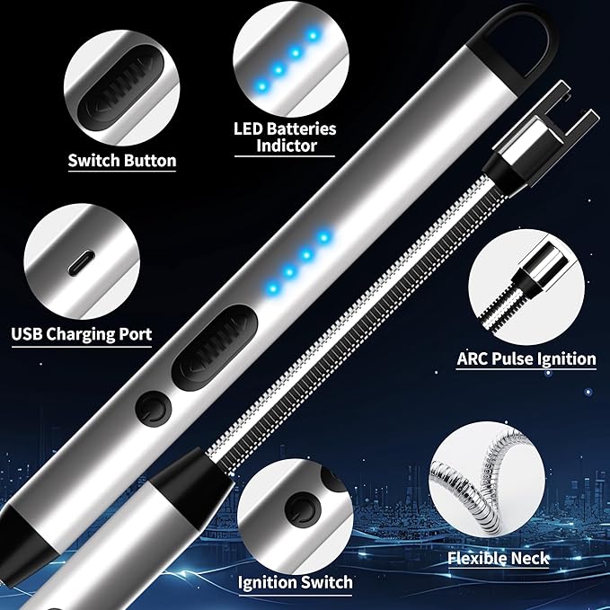 2-Pack Rechargeable Electric Candle Lighters, Flameless Windproof Long Lighter with 360° Flexible Neck and LED Display for Candles, Camping, BBQ & Fireplace (Silver)
