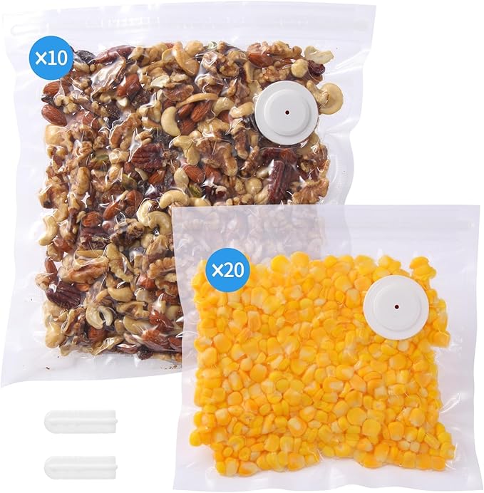 30 Upgraded Reusable Vacuum Seal Bags For Food + 2 Clips, 20p 8"X8" + 10p 10"X11", BPA Free, 5X Longer Fresh, for Sous Vide, Freezer, Microwave, Odor-Resistant, Leak-Proof | More Reusable, Easier To Clean, vacuum-retentive