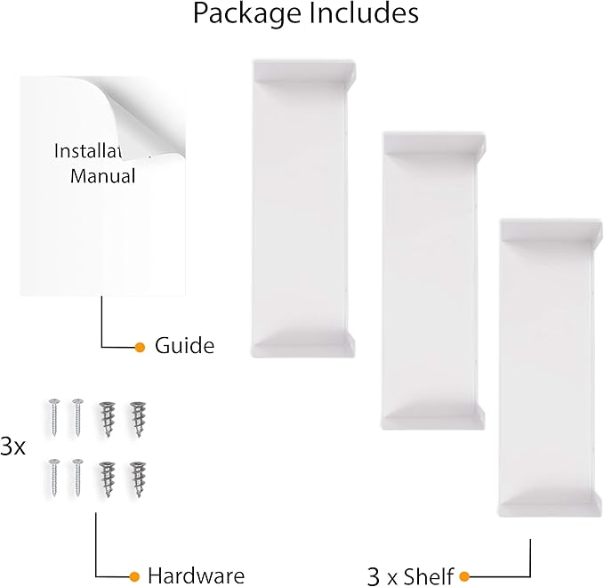 Wallniture Bali White Floating Shelves for Wall, CD DVD Storage Shelves and Metal Bookshelf Set of 3