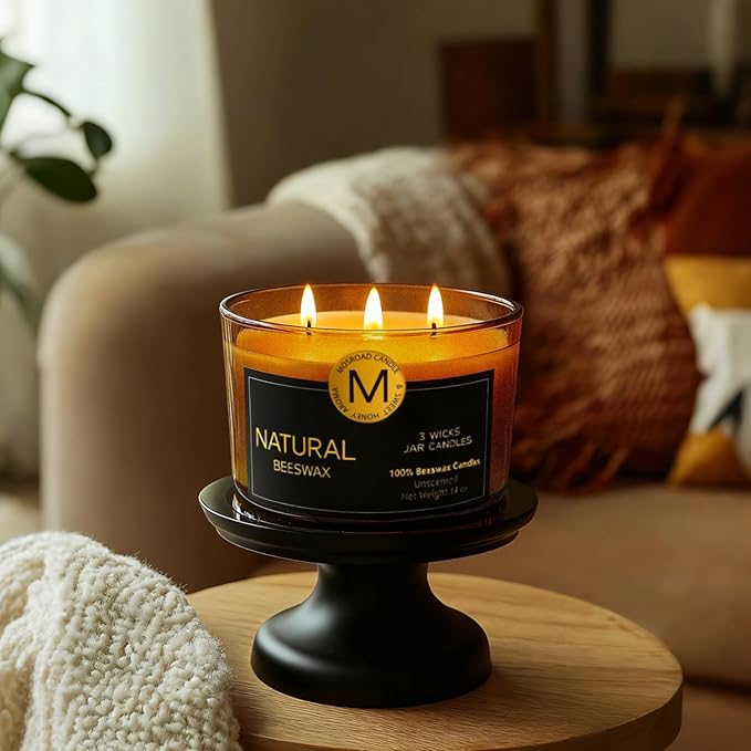 3-Wick Beeswax Candles in Jar, Natural Beeswax Candles in Amber Glass for Air Purification, Honey Aroma Jar Candle for Home Scented Decor, Gift for Women & Men, Fragrance Free, Paraffin Free